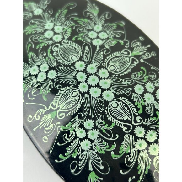 Vintage Green Teal Black Lacquer Oval Trinket Box Floral Pretty Home Decor Vanit - Picture 13 of 14